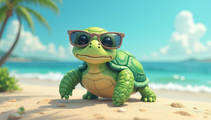 Naklejka premium Cute Turtle Wearing Sunglasses Relaxing on a Sunny Tropical Beach