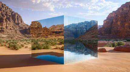 Naklejka premium Mirage Reflections A Stunning Contemporary Mirrored Sculpture Reflecting AlUla s Desert Beauty