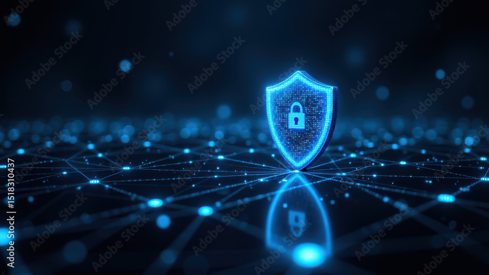 Poster cybersecurity concept featuring a key lock with a digital network background.