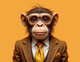 Sophisticated Chimpanzee in Brown Suit and Glasses Portrait of a Dapper Ape