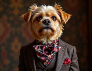 Adorable Dog in a Brown Suit and Floral Bow Tie Posing Elegantly