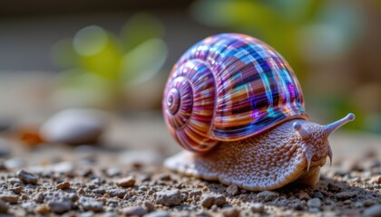 Vibrant Snail Shell Close Up Nature Colorful Jewel Crawling on Ground