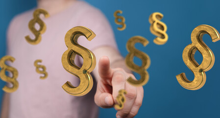 Abstract image of golden paragraph symbols floating, representing legal concepts, law, or...