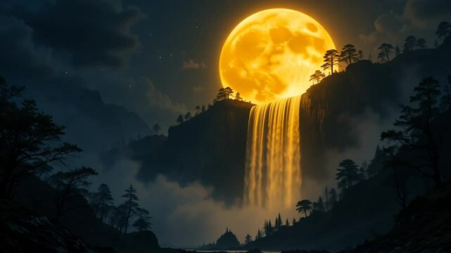 serene waterfall in a dark forest illuminated by moonlight, surrounded by mist and glowing atmosphere halloween landscape with moon and clouds
