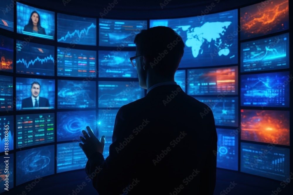 Poster immersive media experience young professional engaging with a dynamic multi-screen video wall displa