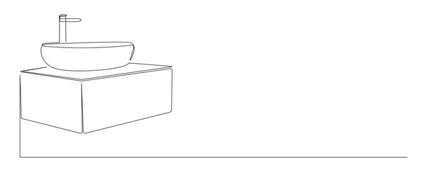 Line Art Sink and Faucet Illustration Icon. One Continuous Line Home Interior Element.  Plumbing Modern Bathroom Equipment. Doodle Curved Outline Thin Stroke Contour Drawing.