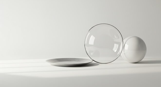 Minimalist composition featuring a plate glass dome and white sphere on a light background - Powered by Adobe