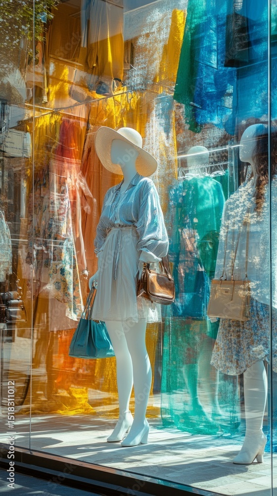 Aufkleber a mannequin dressed in a light dress stands in front of a shop window displaying a colorful array of