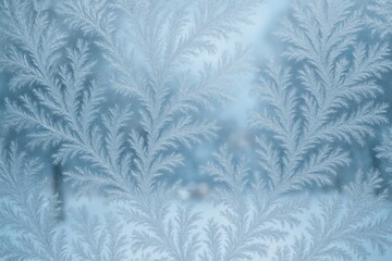 Fototapeta premium Intricate frost patterns, resembling delicate feathers or ferns, forming on a cold glass window pane during winter, with a softly blurred outdoor snowy scene visible through clear patches.