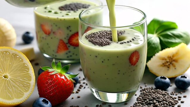 Green kiwi strawberry smoothie poured into glass with chia seeds