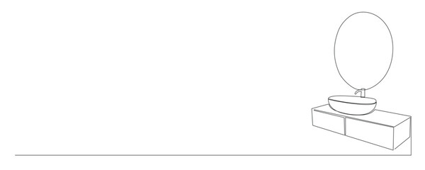 Line Art Round Mirror, Sink and Faucet Illustration Icon. One Continuous Line Home Interior Element.  Plumbing Modern Bathroom Equipment. Doodle Curved Outline Thin Stroke Contour Drawing.