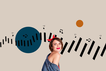 Art trend collage of person stand front piano keys notes on pastel background