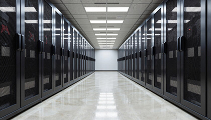 Abandoned server hall with rusty racks under dim lighting, eerie ambiance