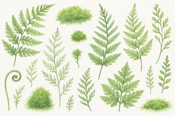 Fototapeta premium Watercolor Fern and Moss Collection Delicate Hand-Painted Illustrations of Various Fern Species and Moss Textures Isolated on White for Botanical Designs