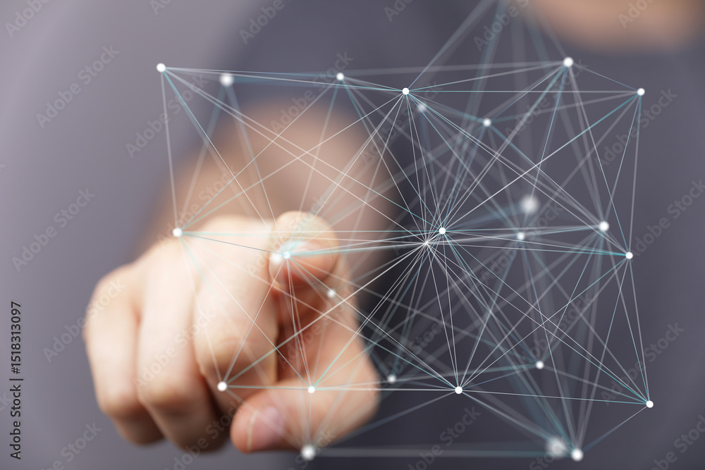 Poster abstract image depicting a hand interacting with a complex network, ideal for technology, connectivi