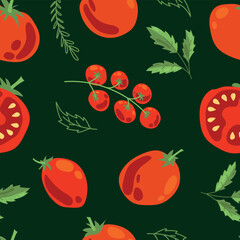 Seamless pattern of ripe tomatoes. Vegetables. Red tomatoes. Juicy Harvest. Healthy food. Vector illustration.