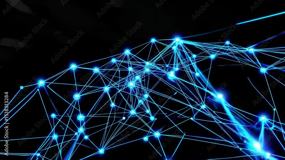 Poster glowing blue nodes and connections form a complex network, constantly evolving and shifting on a bla