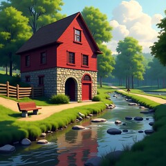 Scenic Red Grist Mill Beside Flowing Rock Spring, Rustic Stone Building with Gabled Roof, Wooden Fence, Manicured Lawn, Dirt Road, Surrounded by Lush Green Trees and Natural Landscape
