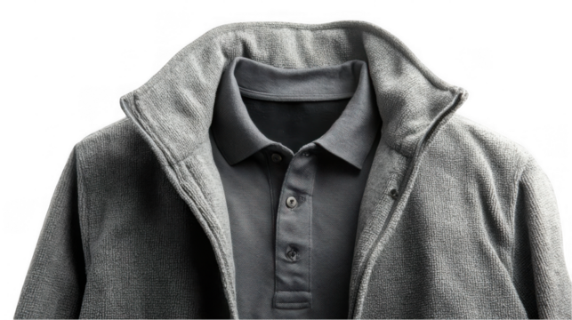 Close up of a cozy grey jacket layered over a fitted polo shirt, highlighting smart casual style with a transparent background for versatile project integration