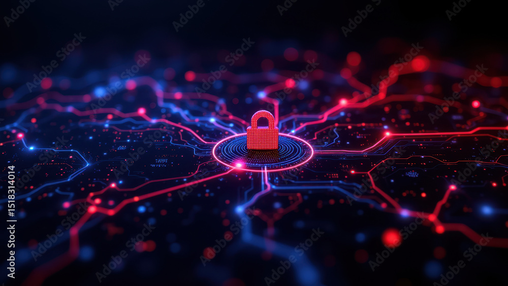 Poster a cybernetic network with a virus represented as an icon at its center.