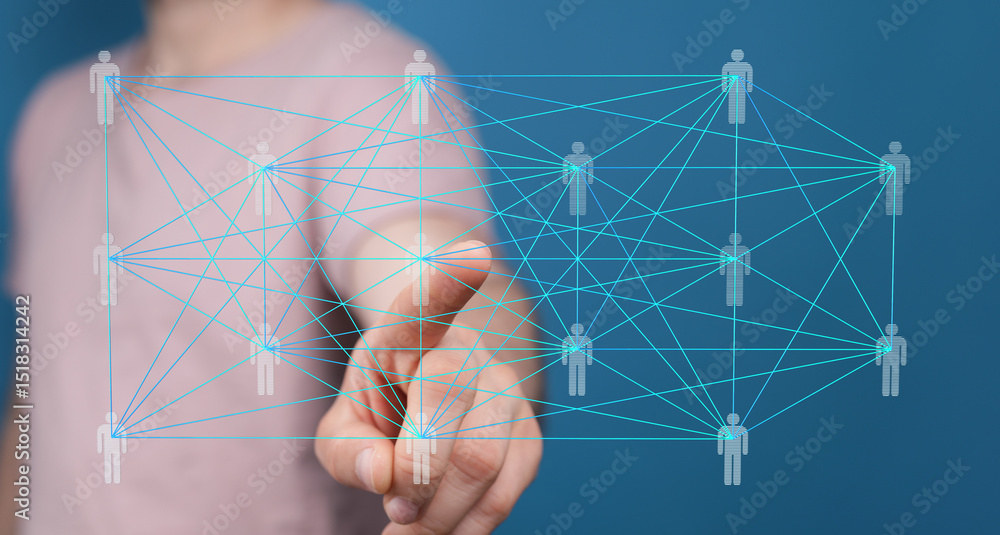 Poster Hand interacting with a digital network, illustrating global connection and teamwork.