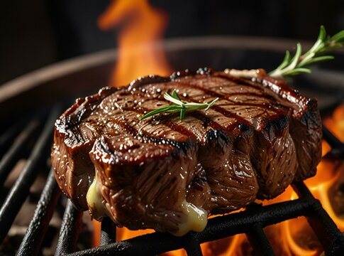 Grilled steak with rosemary on a hot grill