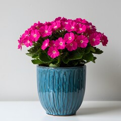 Bright Pink Flowers in Ceramic Blue Pot on White Background