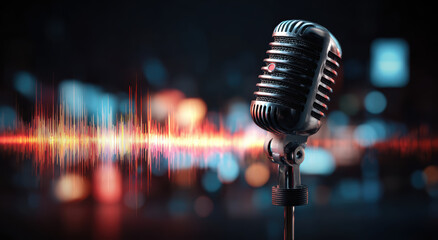 Vintage microphone stands against blurred cityscape background with vibrant sound waves, evoking sense of nostalgia and high fidelity audio