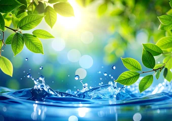 爽やかな緑の葉と水しぶきの自然の風景
