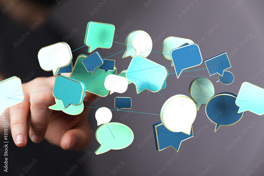 Poster abstract image of interconnected speech bubbles, symbolizing global communication and networking.