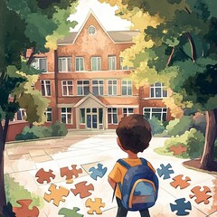 Inclusive cartoon illustration of a child with special needs near a large school, surrounded by puzzle pieces symbolizing adaptation and integration.

