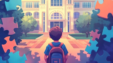 Inclusive cartoon illustration of a child with special needs near a large school, surrounded by puzzle pieces symbolizing adaptation and integration.

