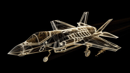 Digital wireframe illustration of modern fighter jet showcases intricate design and high fidelity details against black background