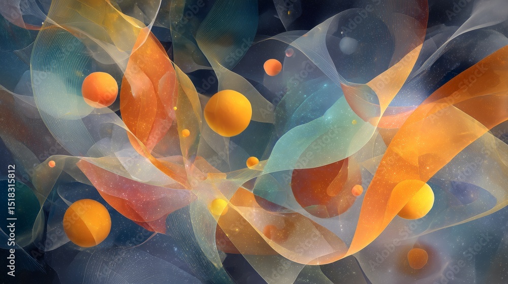 Poster colorful abstract composition with swirling shapes and luminous spheres creating a vibrant visual ex