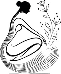 A black-and-white minimalist illustration featuring an elegant oil drop silhouette. The scene depicts a woman leaning over a bouquet of dried herbs, with delicate lines representing aromatic scents.
