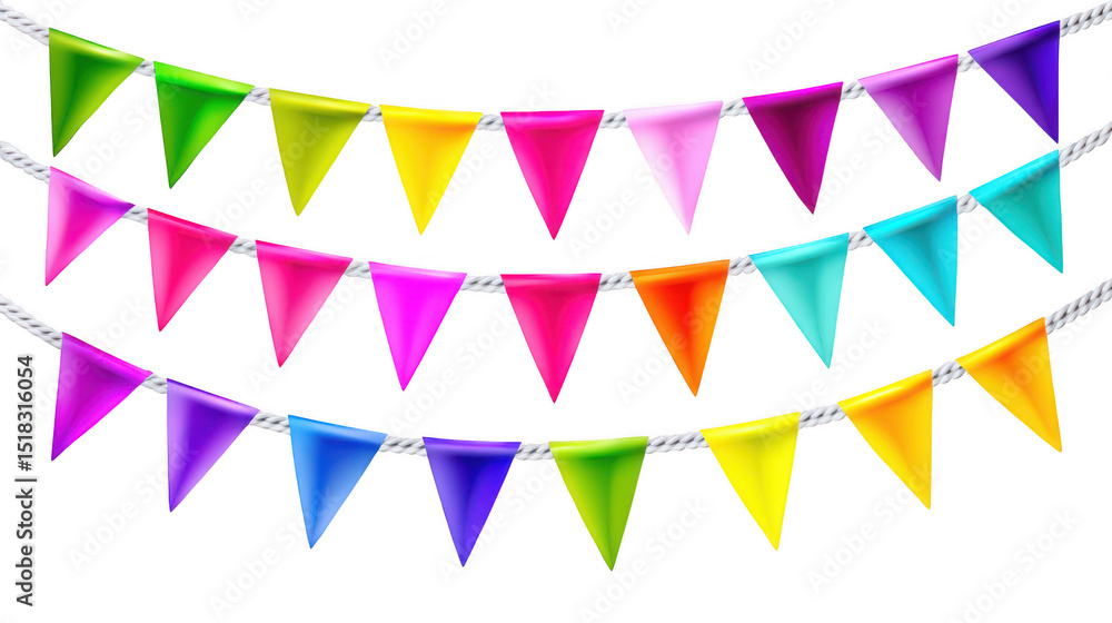 Poster colorful triangular bunting flags hanging on a string isolated on transparent background