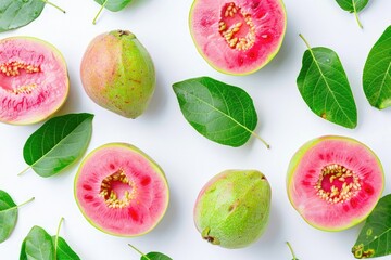 Fresh Pink and Red Guava Fruit with Green Leaves on White Background Top View Healthy Fruit Concept