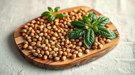 Naklejka premium Pine nuts scattered on olive wood cutting board with basil leaves 