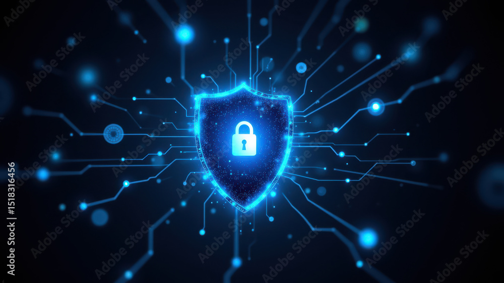 Poster cybersecurity digital art with a floating lock symbol representing secure online protection.