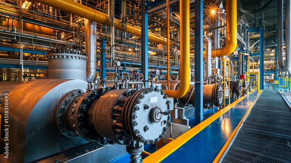 Poster complex machinery operates in a vast processing facility, showcasing large pumps and vibrant pipes w
