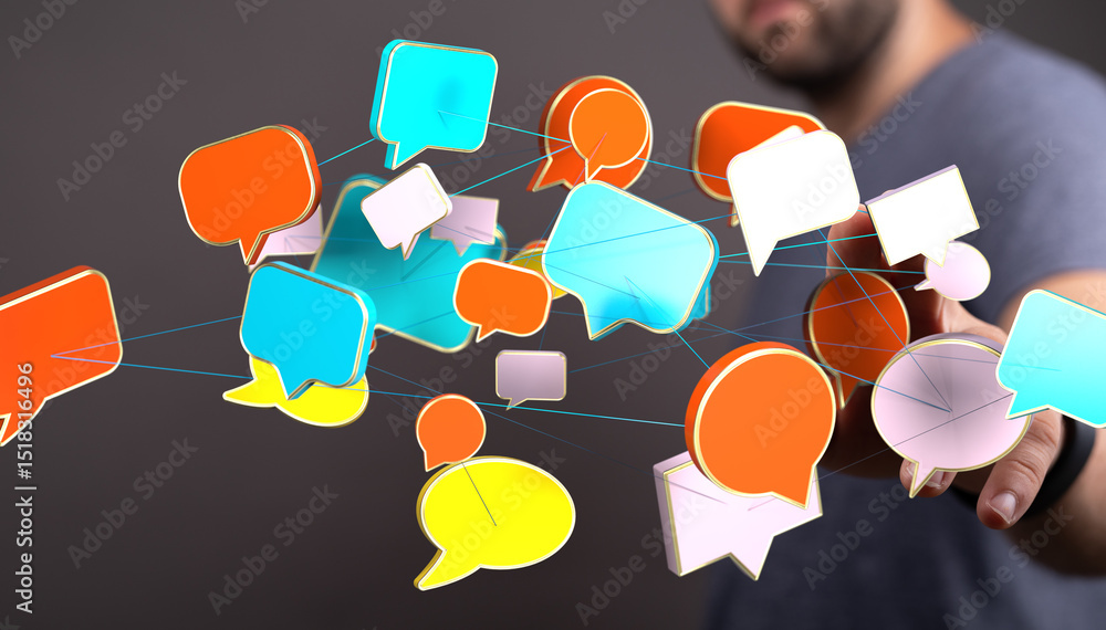 Poster abstract image of interconnected speech bubbles, symbolizing global communication and networking.