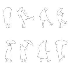 Linear silhouettes of women with umbrellas in dynamic, expressive poses.
