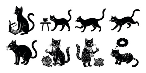 Black cats isolated on white background in various poses