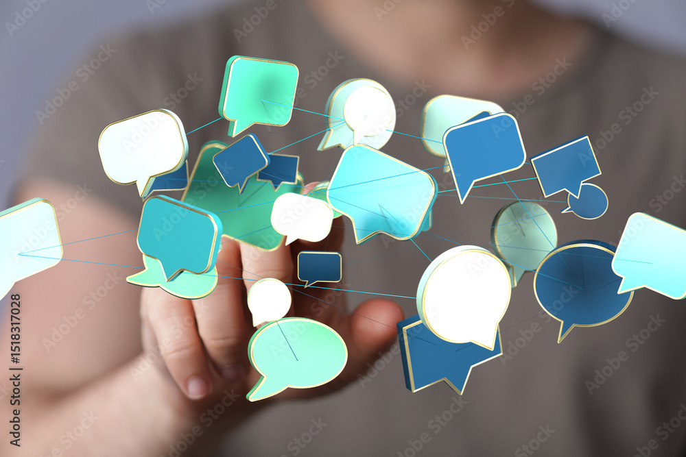 Poster abstract image of interconnected speech bubbles, symbolizing global communication and networking.
