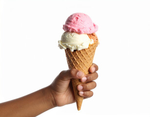 Una mano de niño con un delicioso cucurucho bolas de helado de sabores fresa nata  y vainilla sobre fondo blanco
