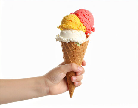Una mano de ni&ntilde;o con un delicioso cucurucho bolas de helado de sabores fresa nata  y vainilla sobre fondo blanco