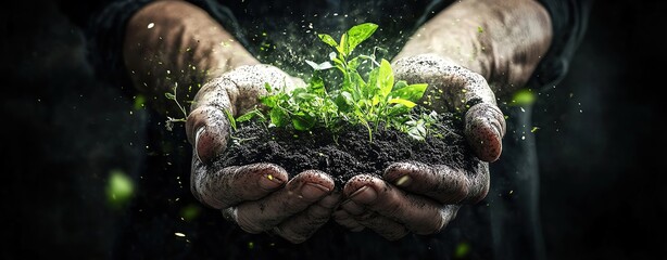 Conservative Environmental Values, cinematic poster with symbolic imagery of hands holding soil, American flag tone with black and lime green accents, cinematic mood
