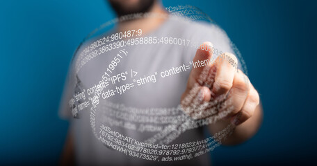 Person touching futuristic digital data sphere.  Software, technology, code concept.