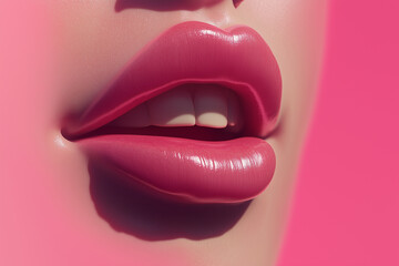 Glossy Pink Lips with Teeth on Pink Background, Beauty and Makeup