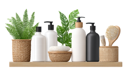 Isolated natural bathroom accessories transparent background with green plants and wooden shelf